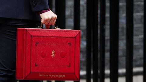 Close up of the red Budget Box  carried by Britain's Chancellor of the Exchequer Rachel Reeves