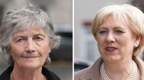 To the left of the image is Catherine Connolly, a woman with short grey hair. To the right is Heather Humphreys, a woman with short blonde hair. Both are pictured from the shoulders up. 