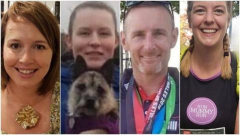 Four photos of people, compiled together side-by-side. One the left is Nicola Wheatley, who has bobbed brown hair and is wearing a gold necklace and gold top while smiling at the camera. Next is Morgan Rogers, who has tied back brown hair, is wearing a blue jacket and holding a dog in front of her. Next along is Paul O'Dwyer who has short dark hair and sunglasses on his head He has several medals around his neck, each with a different brightly coloured ribbon, and is smiling at the camera. And on the far right is Andrea Powell, who has blonde hair in two plaits, and is smiling while wearing a black and purple running vest which has the words 'run mummy run' on it. 