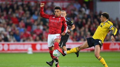 Ethan Ampadu of Leeds United tackles Igor Jesus of Nottingham Forest