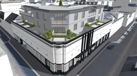 3D architectural rendering of a modern, multi-story building on a corner lot, featuring a white facade with black accents, large windows, residential units with balconies above, and rooftop gardens with greenery, set in an urban environment.