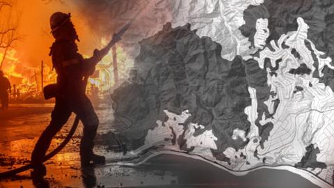 A firefighter holding a firehose with a superimposed map of Los Angeles on the right-hand-side 