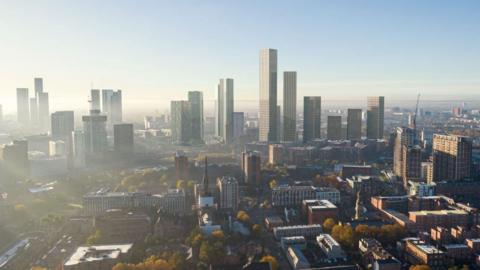 A computerised image of the skyscraper standing tall amongst the general skyline of Salford / Manchester.