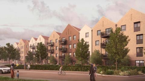 An artist's impression showing four-storey homes with pointed roofs and in muted shades of brown. They have small windows and some have balconies, while on the streets below there are people walking, a child on a bike and trees lining the road