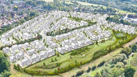 An artist's impression showing the outlines of the proposed homes in outline and surrounded by existing houses, fields and trees.