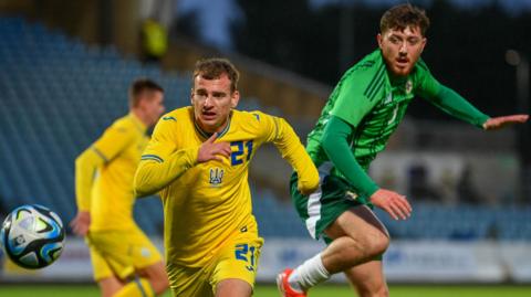 Action from NI U21 v Ukraine U21 at Ballymena Showgrounds