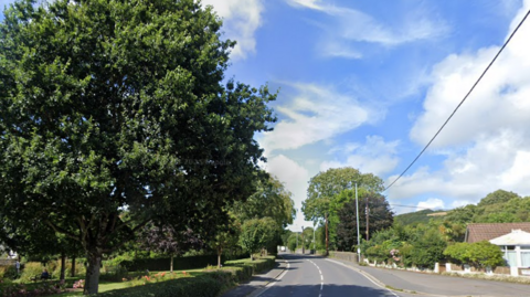 A road leads into the distance. Green trees line the street. A residential house is on the right hand side. The sky overcast.