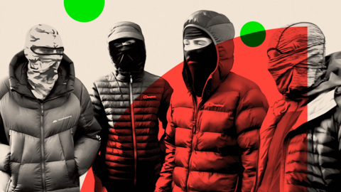 A group of four teenagers with masks and balaclavas covering their faces