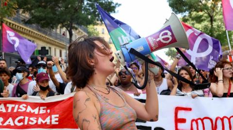 Protesters gather to denounce French President Emmanuel Macron's refusal to name a prime minister from the left-wing New Popular Front coalition, in Marseille, France, September 7, 2024.