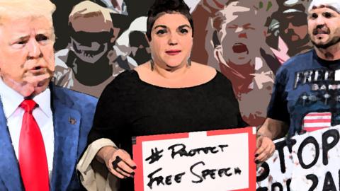 Graphic featuring Randa Jarrar, Donald Trump and Ben Bergquam