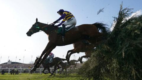 Corach Rambler jumps a fence curing the 2023 Grand National