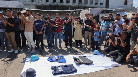 - Demonstrators gather in solidarity with journalists killed by Israeli strikes in the Gaza Strip, during a protest organised by the Gaza Journalists Syndicate, in Gaza City, on August 26, 2025. 