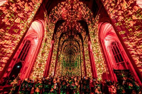 Images of red poppies with green leaves projected inside Gloucester Cathedral. The building is lit up at night. 