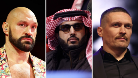 A split picture of Tyson Fury, Turki Alalshikh and Oleksandr Usyk