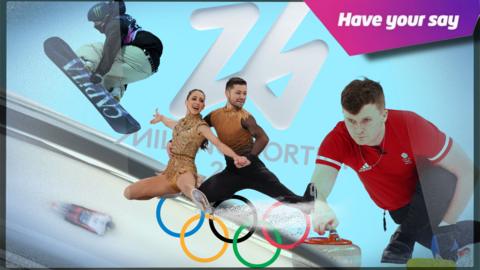 A collage of winter Olympic sports including snowboarding, skeleton, figure skating and curling and a logo at the top right that reads ‘have your say’.