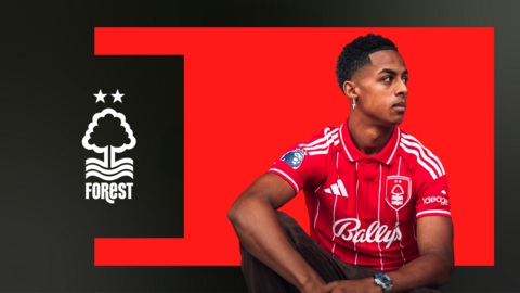 Omari Hutchinson in front of a red background and Nottingham Forest crest