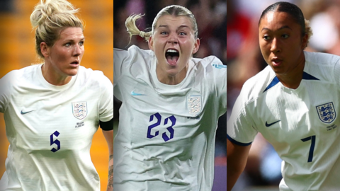 England's Millie Bright, Alessia Russo and Lauren James