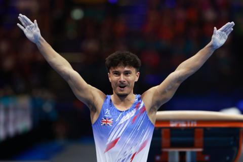 Jake Jarman reacts to landing his first vault