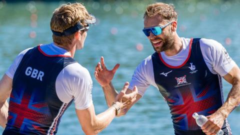 GB's Oliver Wynne-Griffith and Thomas George celebrate after winning the men's pair in World Rowing Cup III in Lucerne