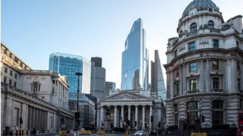 A general view of the Bank of England and the Royal Exchange at Bank with commercial skyscrapers.