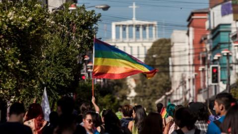 Members of social organizations and communities of gays, lesbians, transsexuals and heterosexuals demonstrate in Osorno on 16 March 2019