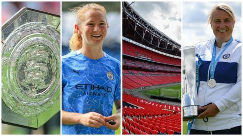 Community Shield, Manchester City's Sam Mewis, Wembley Stadium and Chelsea boss Emma Hayes with the WSL trophy