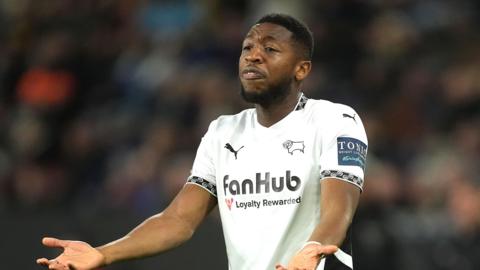 Ebou Adams holds out his palms during Derby County's goalless draw with Burnley