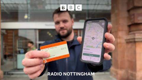 Reporter Charlie Haynes holds up a paper ticket and a phone displaying the new train travel app. 