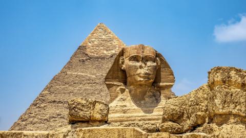 Great Sphinx and Pyramid of Khafre , Giza, Egypt. - stock photo