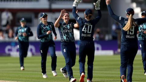 England's Kate Cross celebrates taking her third wicket against India at Lord's in September