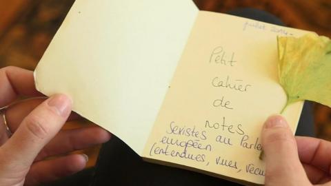 A notebook, in French, reading: A little notebook of sexists in the European parliament