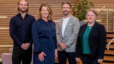 Pictured (L-R) Dr Gregory Fletcher, Chief Technology Officer, Ocula Technologies; Anne Beggs, Director of Trade and Investment, Invest Northern Ireland; Thomas McKenna, CEO, Ocula Technologies; Fustina Donaghy, VP Engineering, Ocula Technologies