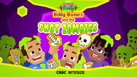 Text label reads 'Operation Ouch! Billy Bones and the Snot Zombies'. Underneath there are cartoons of Dr Zand, Dr Chris and Dr Ronx amongst some snot zombies and bones.