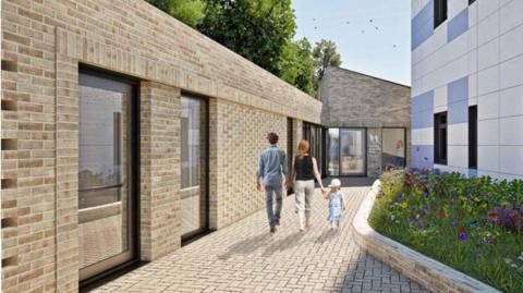 A CGI artist's impression depicting a mum and dad walking alongside a newly built complex with a small child.