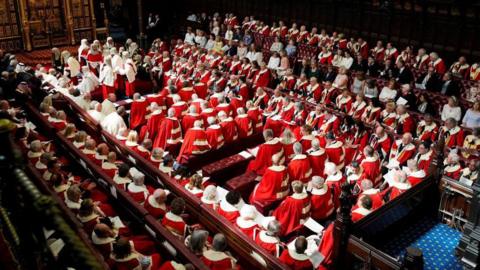 Peers dressed in red ceremonial robes sit in the House of Lords chamber ahead of the State Opening of Parliament in July