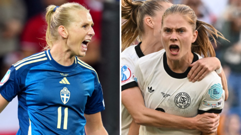 Split picture of Sweden's Stina Blackstenius and Germany's Sjoeke Nusken celebrating goals