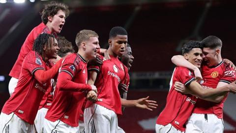Manchester United's Under-18 team celebrate their FA Youth Cup semi-final win against Crystal Palace