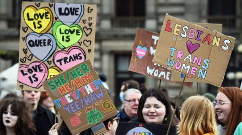 Transgender rights protestors gathering in Glasgow George Square in 2023