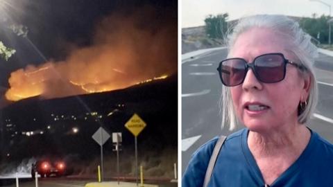 Composite image showing on the left fires burning on hill at night and on the right woman with white hair and black sunglasses