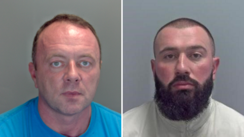 Mugshots of Bruce Knowles and Ferhat Gumrukguoglu. Knowles is wearing a blue T-shirt and Gumrukguoglu, who has a dark beard, is wearing a light coloured top. 