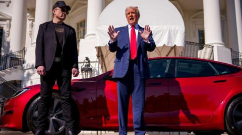 Tesla chief executive Elon Musk and US President Donald Trump speaking next to a Tesla Model S on the South Lawn of the White House