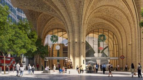 Artist's impression of the exterior of London Liverpool Street shows people on sunny day with (left) green trees and red bus and large arches composed of light brucks above an entrance with a clock and National Rail/London Underground roundels