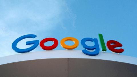 The multi-coloured Google logo sits atop the company's Google House installation at the 2024 CES trade show in Las Vegas, Nevada