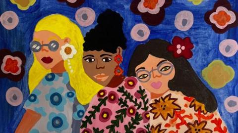 A colourful painting showing three women in patterned tops on a blue floral background.