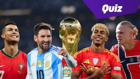 collage including ronaldo, messi, the world cup trophy lamal, haaland