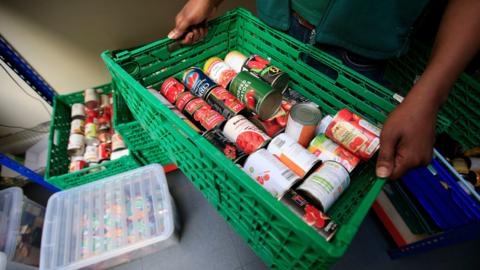 Hands holding a green basket containing tins of food such as tomatoes. Other baskets of food are on the grey floor.