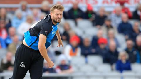 Worcestershire bowler Adam Finch delivers the ball during a T20 match