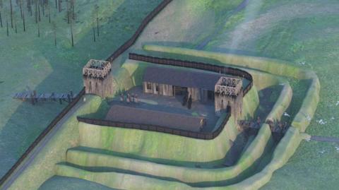 The illustration shows a square shaped lay-out and structures. There are three defensive turf walls around the fortlet. The fortification is on the Antonine Wall. There are fields and woodland nearby.