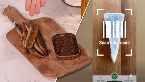Fish on a platter alongside an app which scans food barcodes 
