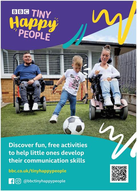 THP Early Years poster - a mum and dad in wheelchairs look on as their son kicks a football